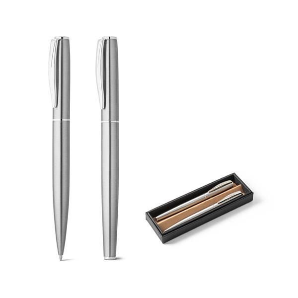 ELLA. Conjunto de roller e esferográfica com corpo em aço inox 53% reciclado com escrita em preto - 51781