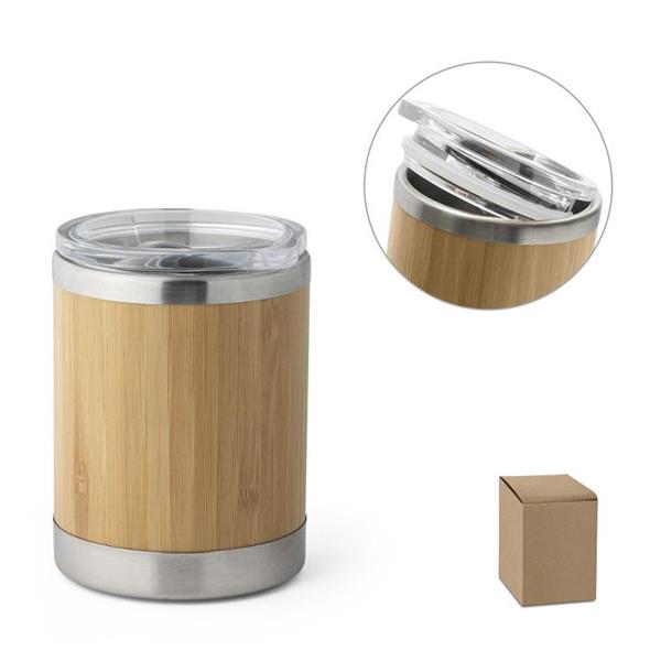 LYCKA. Copo de viagem em aço inox e bambu, térmico com parede dupla isolada a ar e tampa AS com fecho deslizante 350 mL